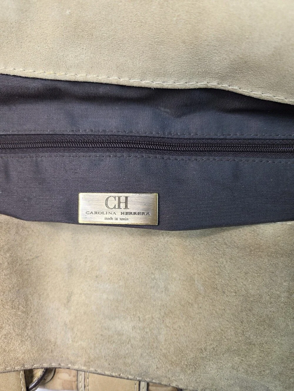 Carolina Herrera Beige Croc-Embossed Leather Satchel with Front Pockets
